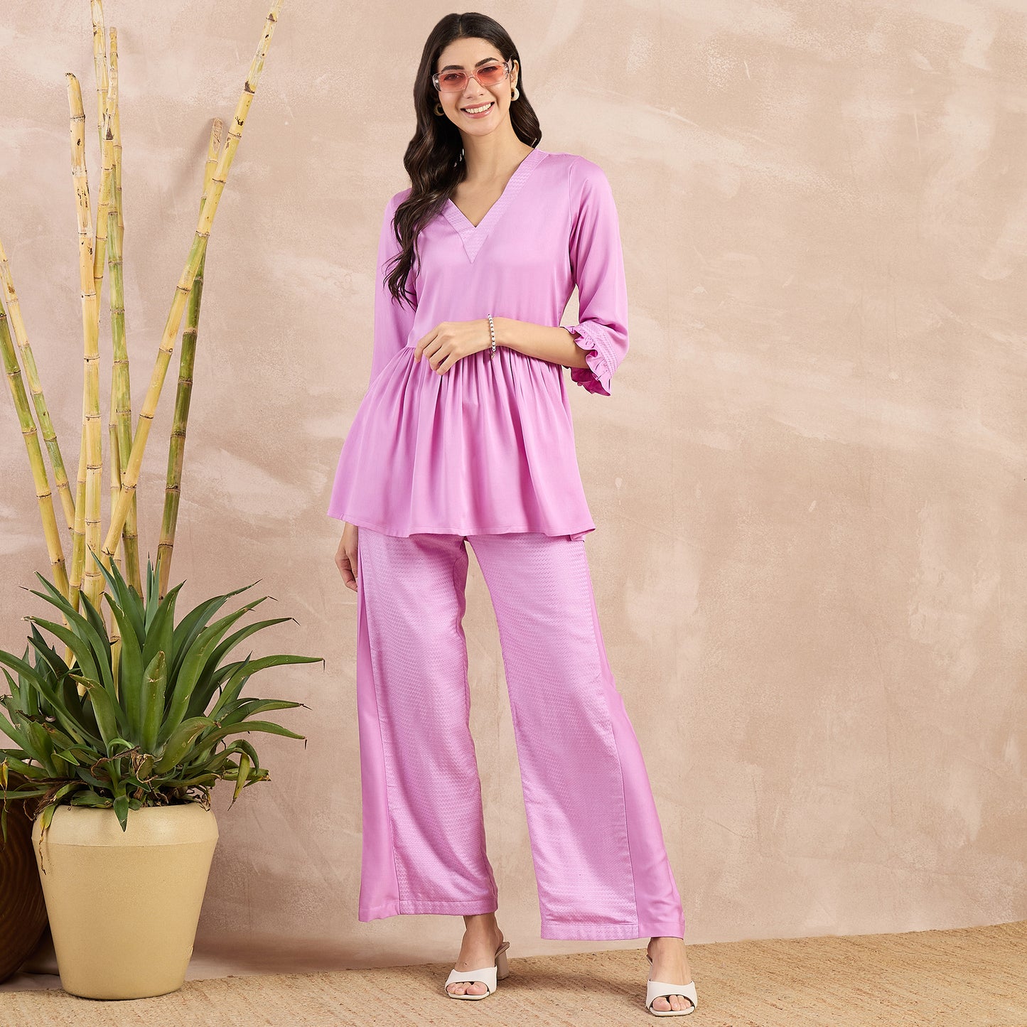 Purple Herringbone V-Neck Peplum Top