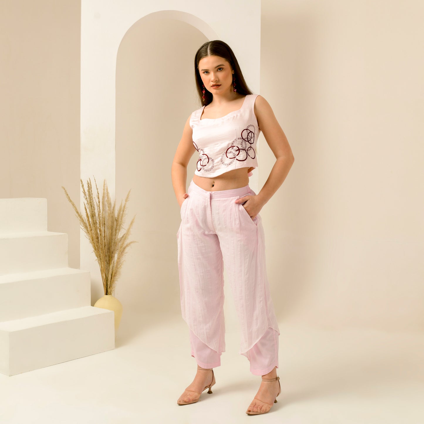 Pink and Red Maa Hand Embroidered Crop Top