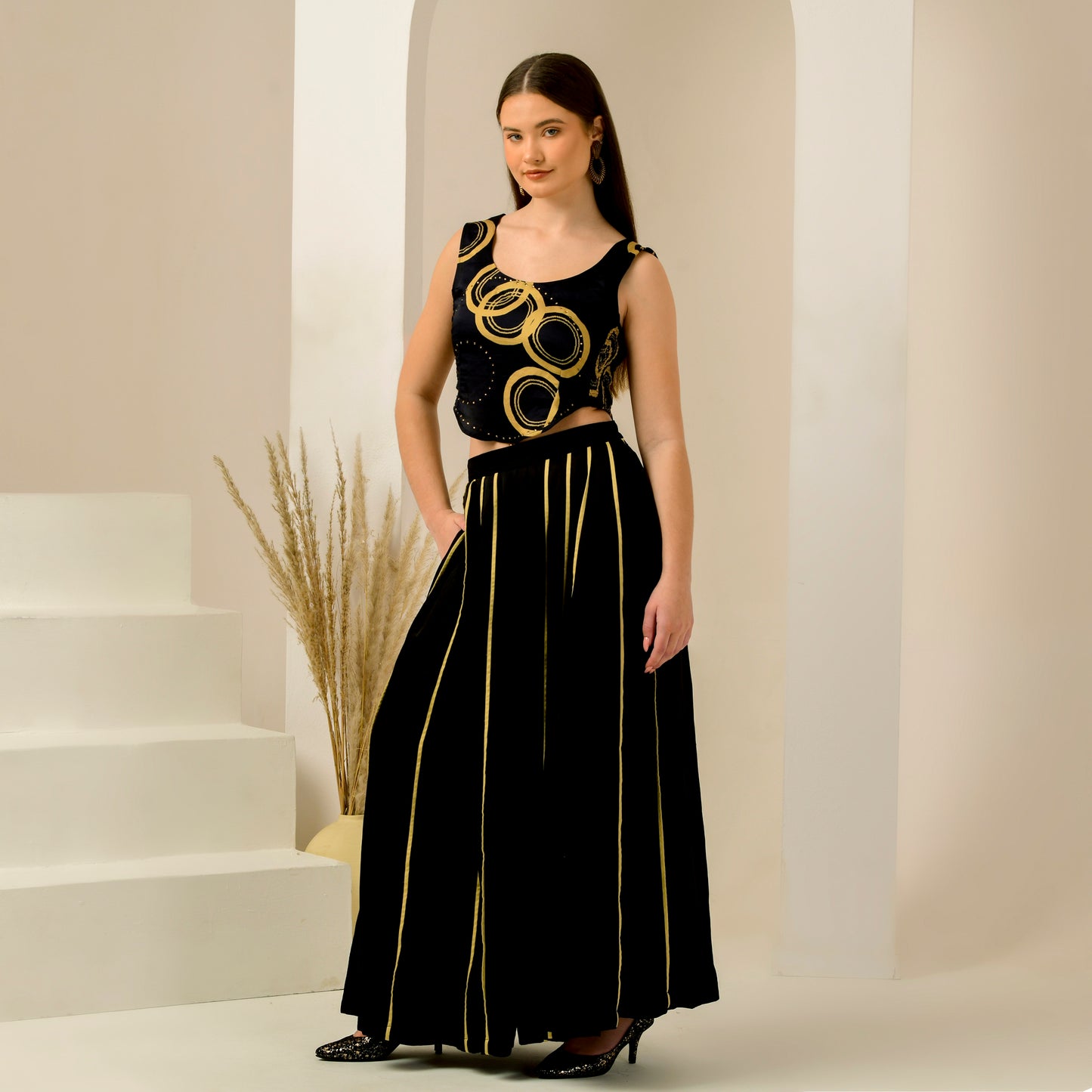 Black and Golden Powerful Embellished Crop Top