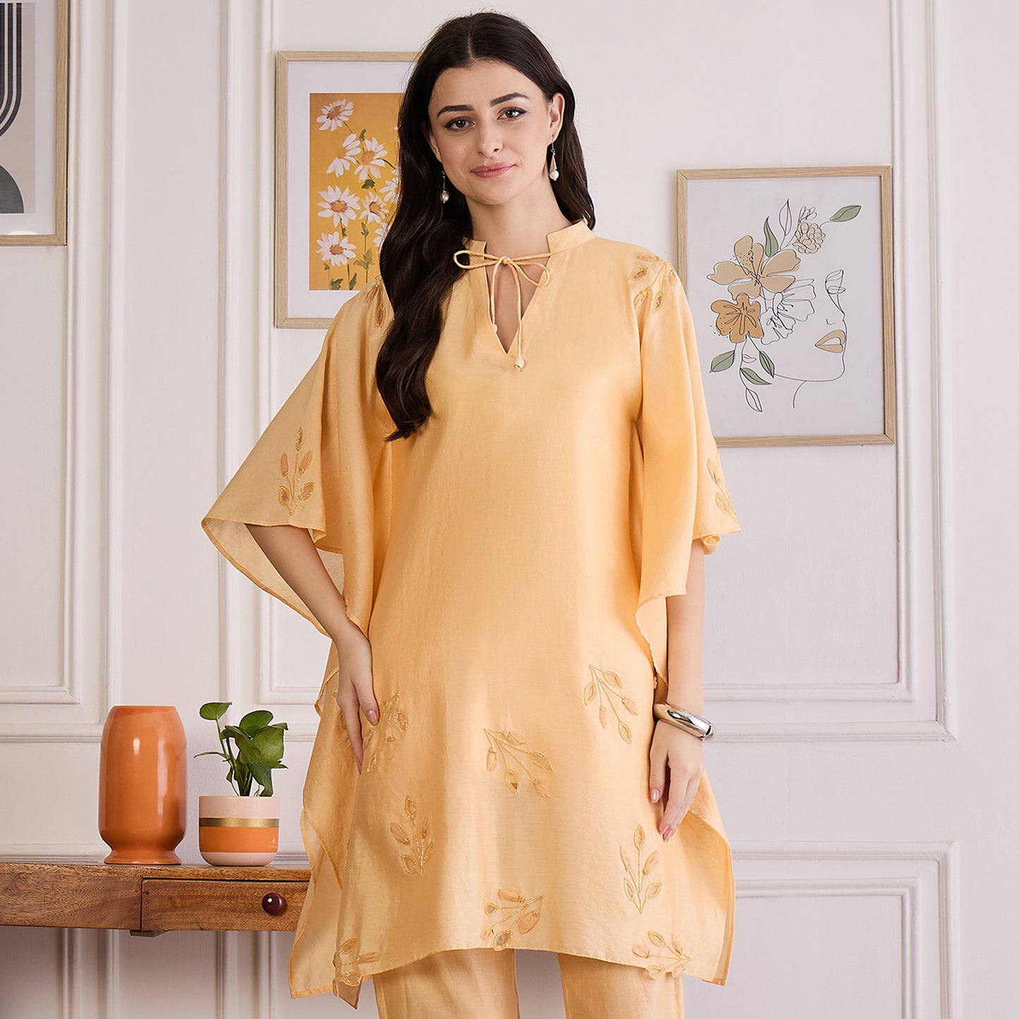 Butter Yellow Applique Kaftan Top