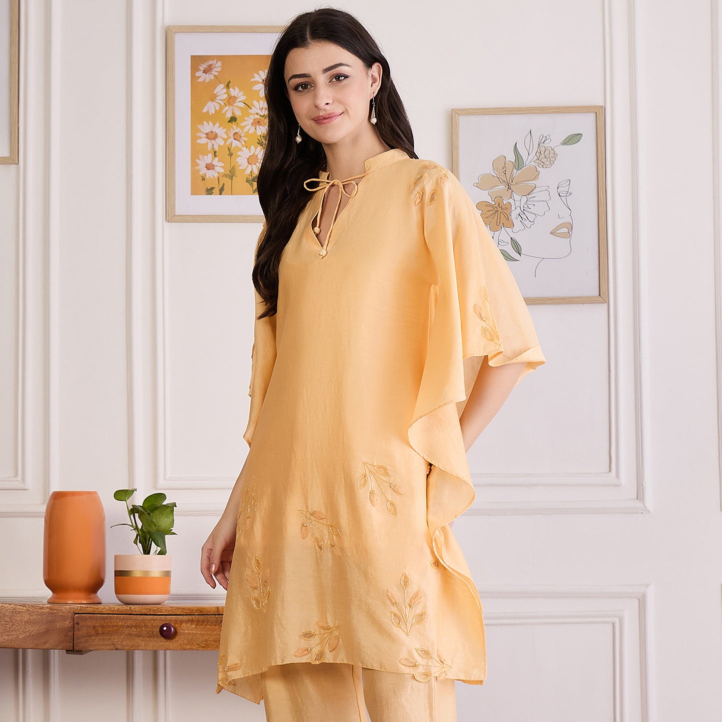 Butter Yellow Applique Kaftan Top