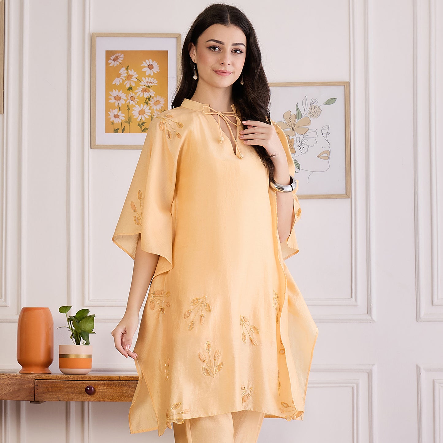 Butter Yellow Applique Kaftan Top