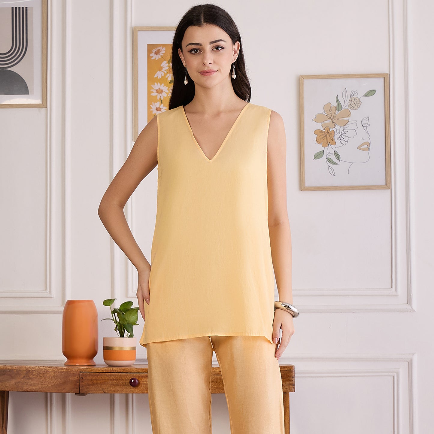 Butter Yellow Applique Kaftan Top