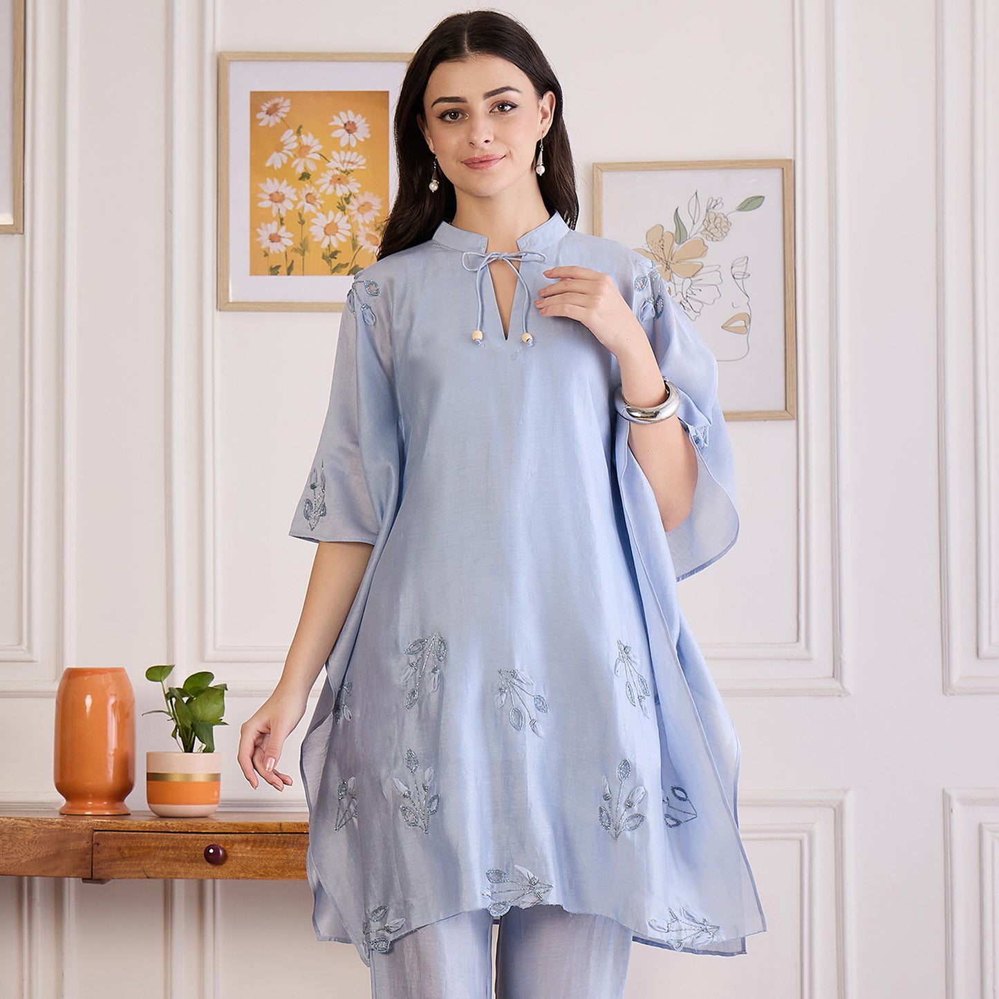 Ice Blue Applique Kaftan Top