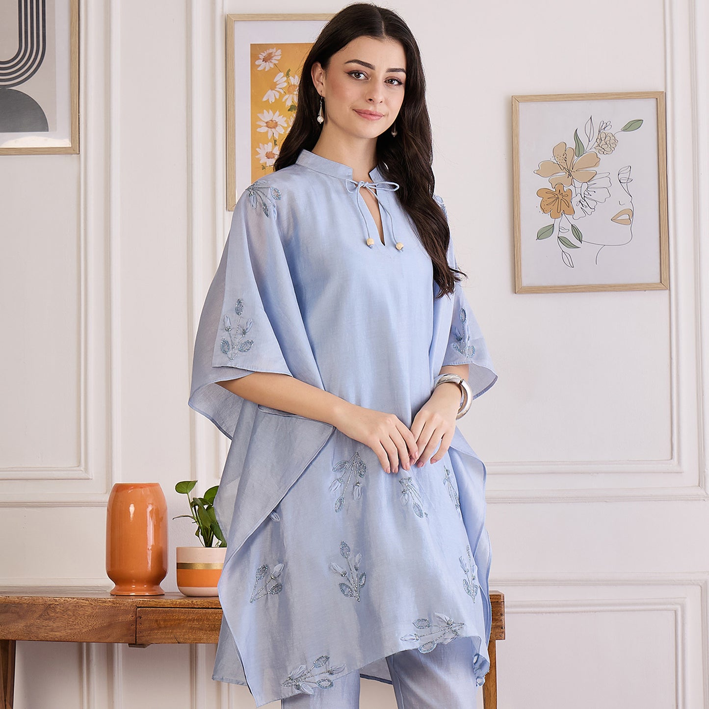 Ice Blue Applique Kaftan Top