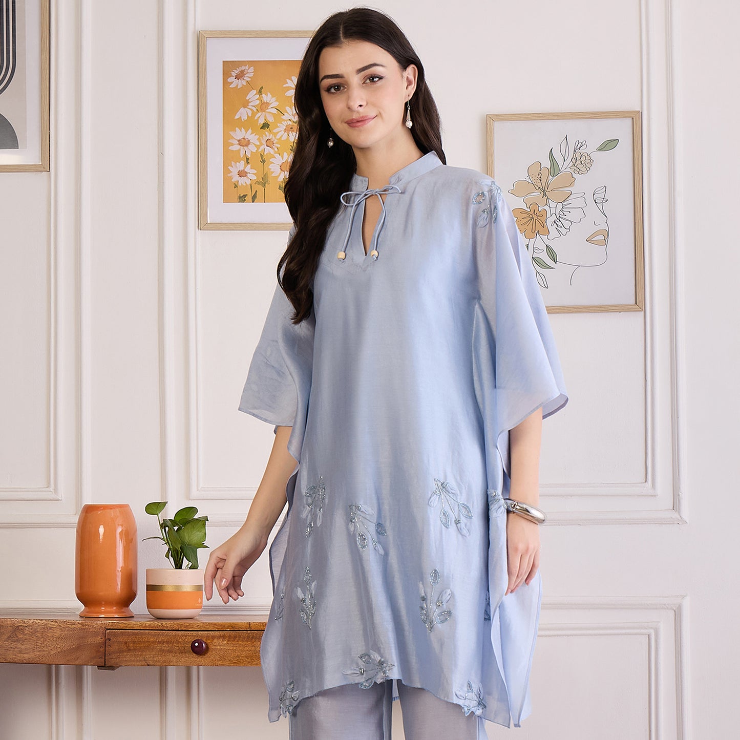Ice Blue Applique Kaftan Top