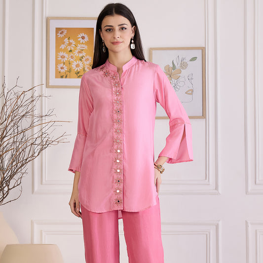 Pink Hand Embroidered Shirt Top