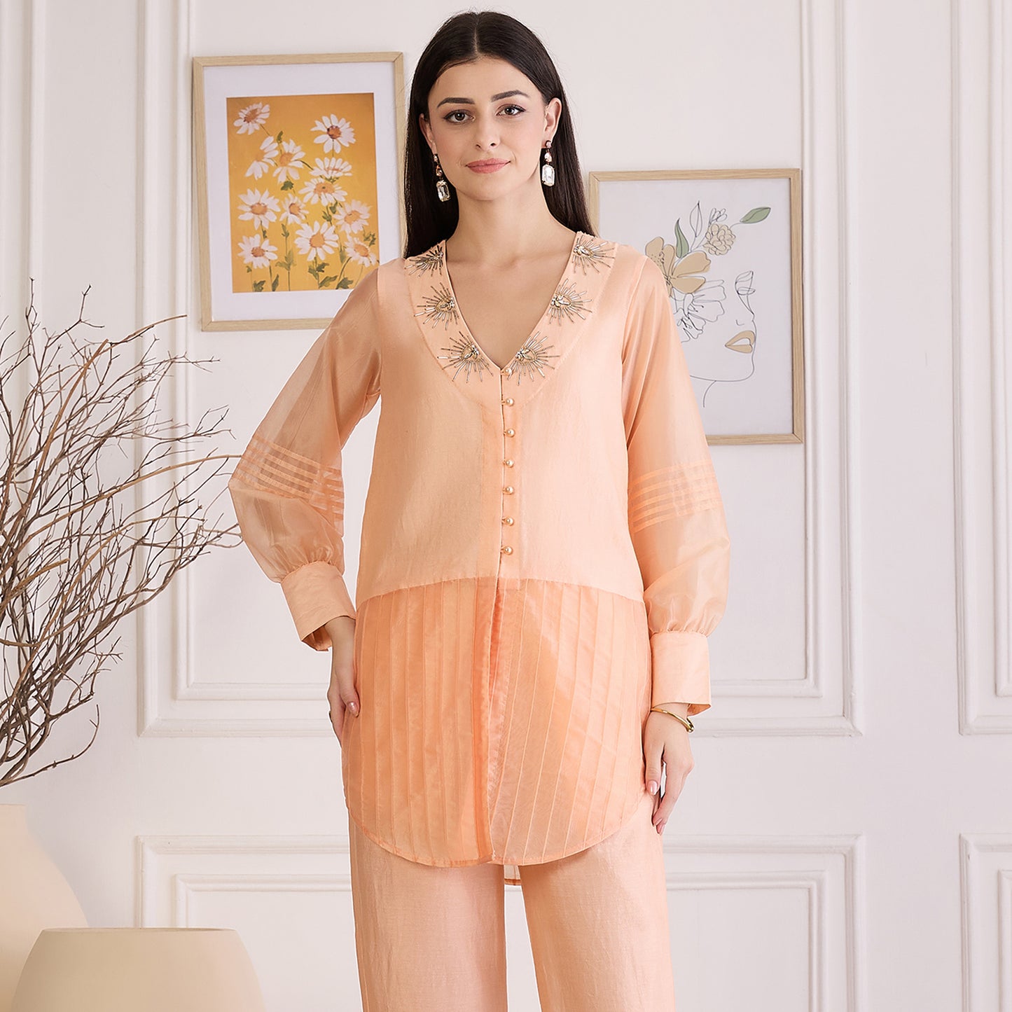 Peach Blush Pin Tuck Hand Embroidered Top
