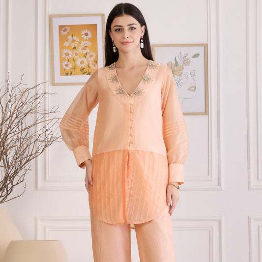 Peach Blush Pin Tuck Hand Embroidered Top