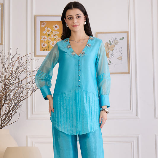 Sky Blue Pin Tuck Hand Embroidered Top