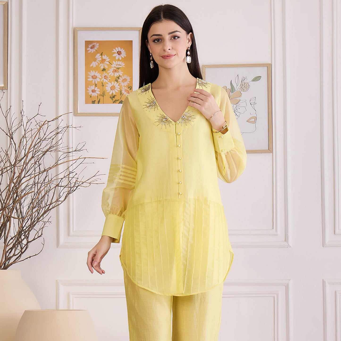 Yellow Pin Tuck Hand Embroidered Top