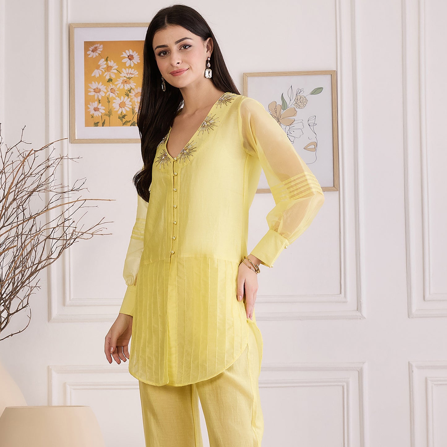 Yellow Pin Tuck Hand Embroidered Top