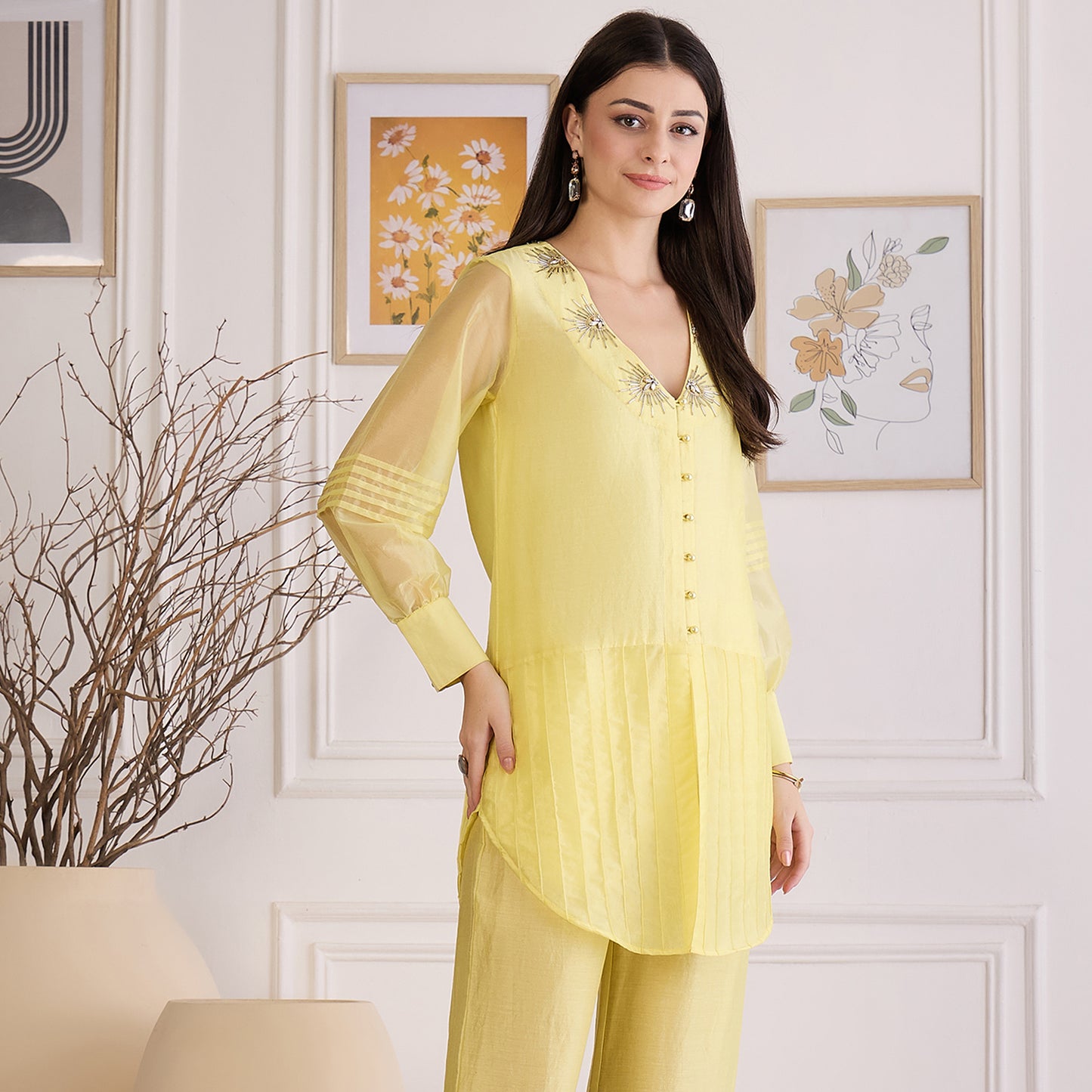 Yellow Pin Tuck Hand Embroidered Top