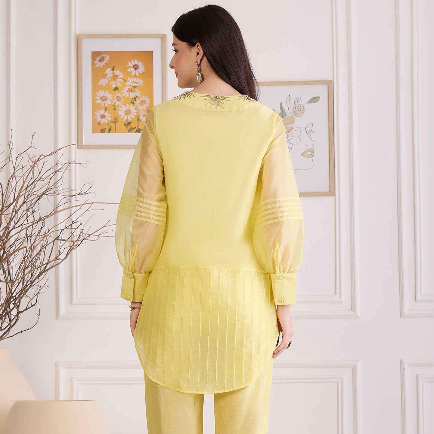 Yellow Pin Tuck Hand Embroidered Top