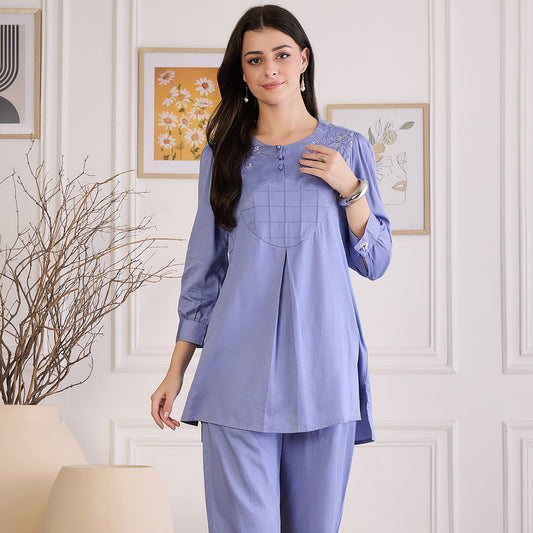 Mountain Blue Pintuck Hand Embroidered Top