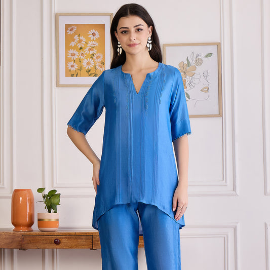Blue Pin Tucked Beaded Pintuck Top