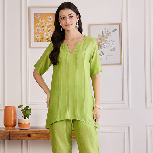 Lime Green Pin Tucked Beaded Pintuck Top