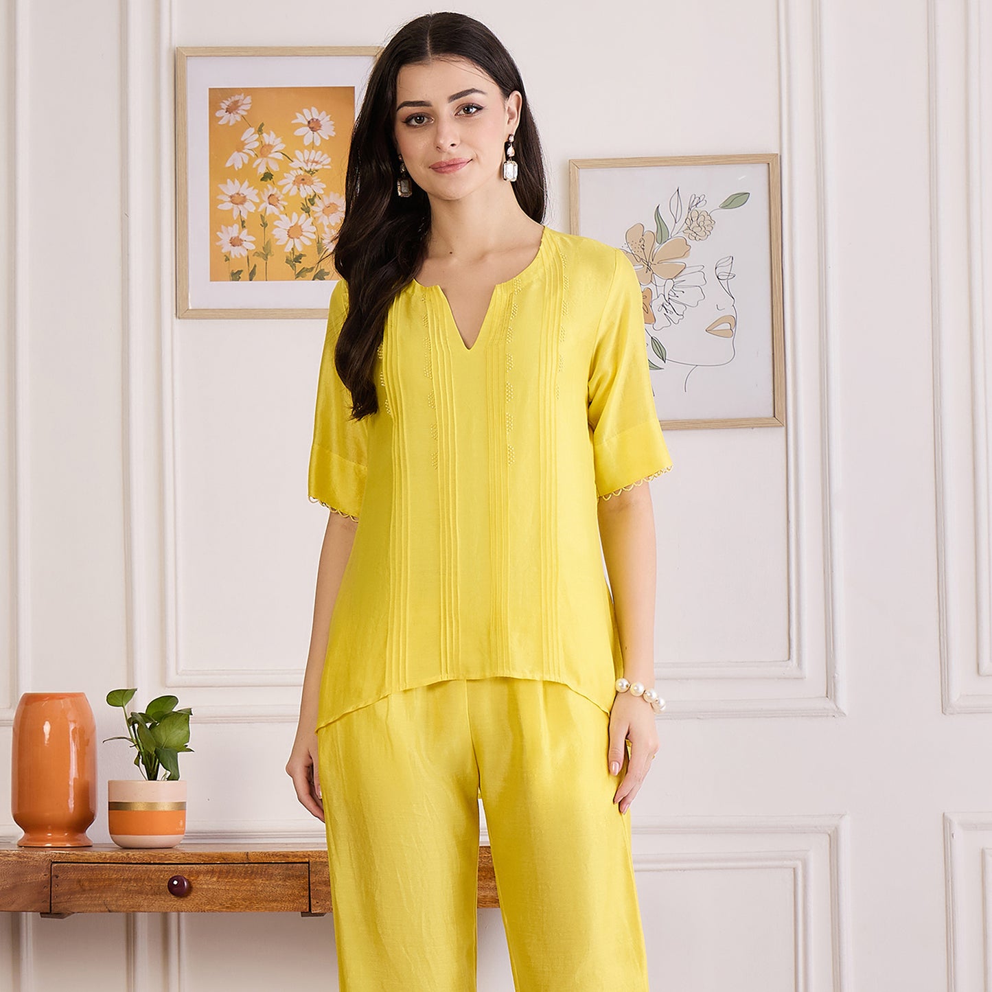 Yellow Pin Tucked Beaded Pintuck Top