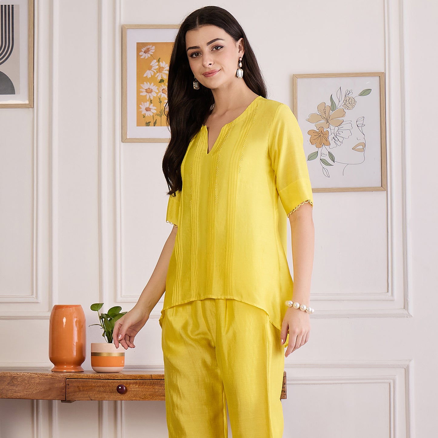 Yellow Pin Tucked Beaded Pintuck Top