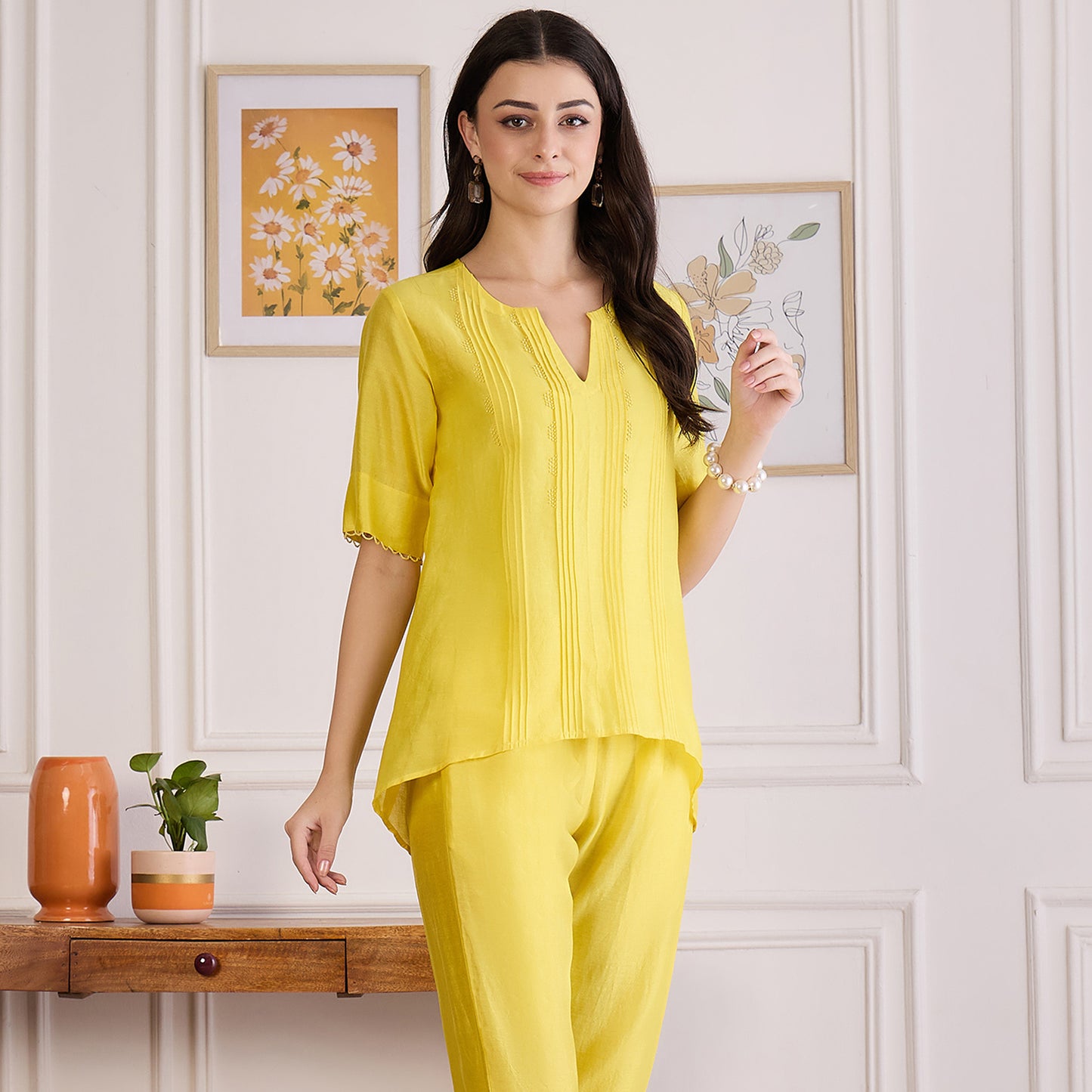 Yellow Pin Tucked Beaded Pintuck Top