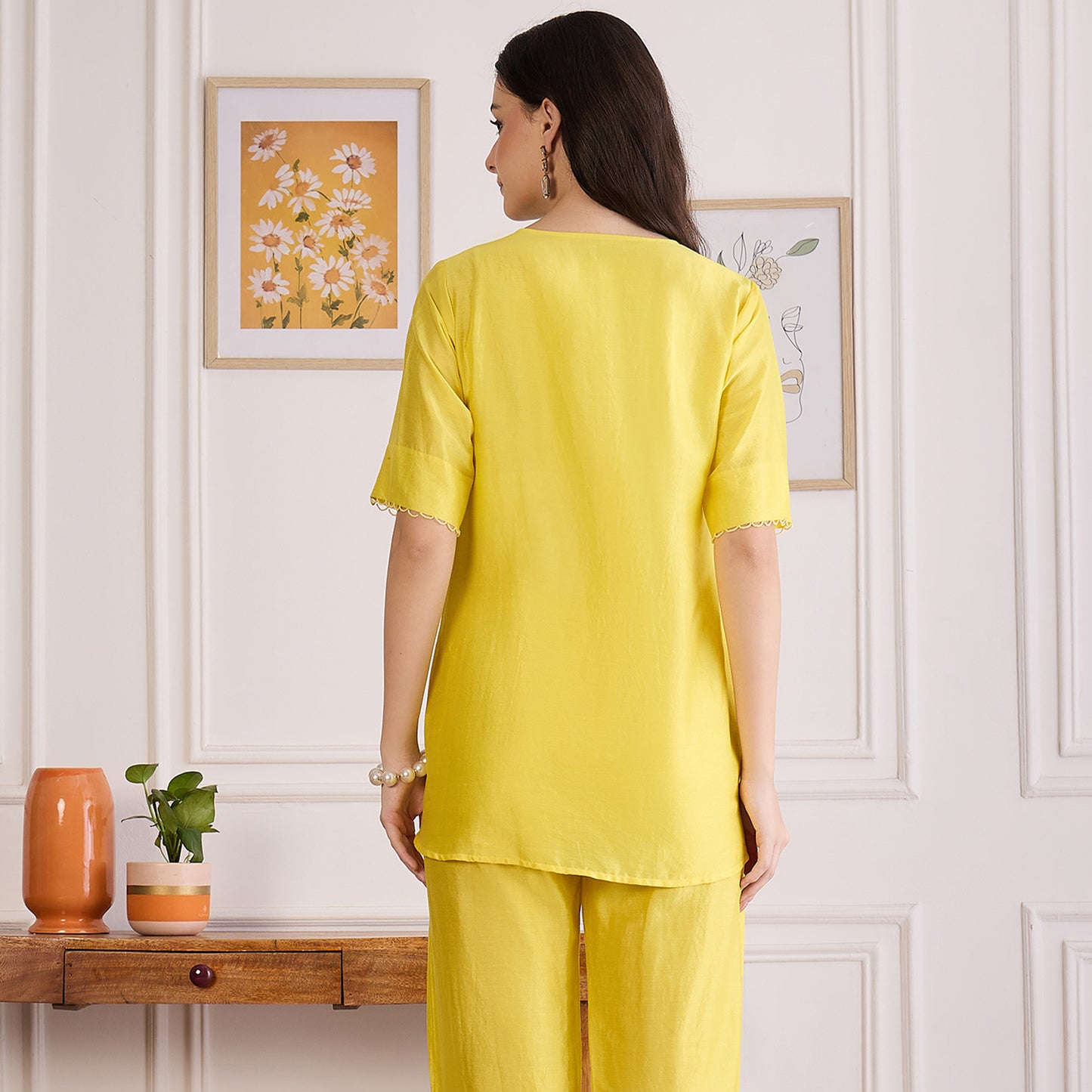 Yellow Pin Tucked Beaded Pintuck Top