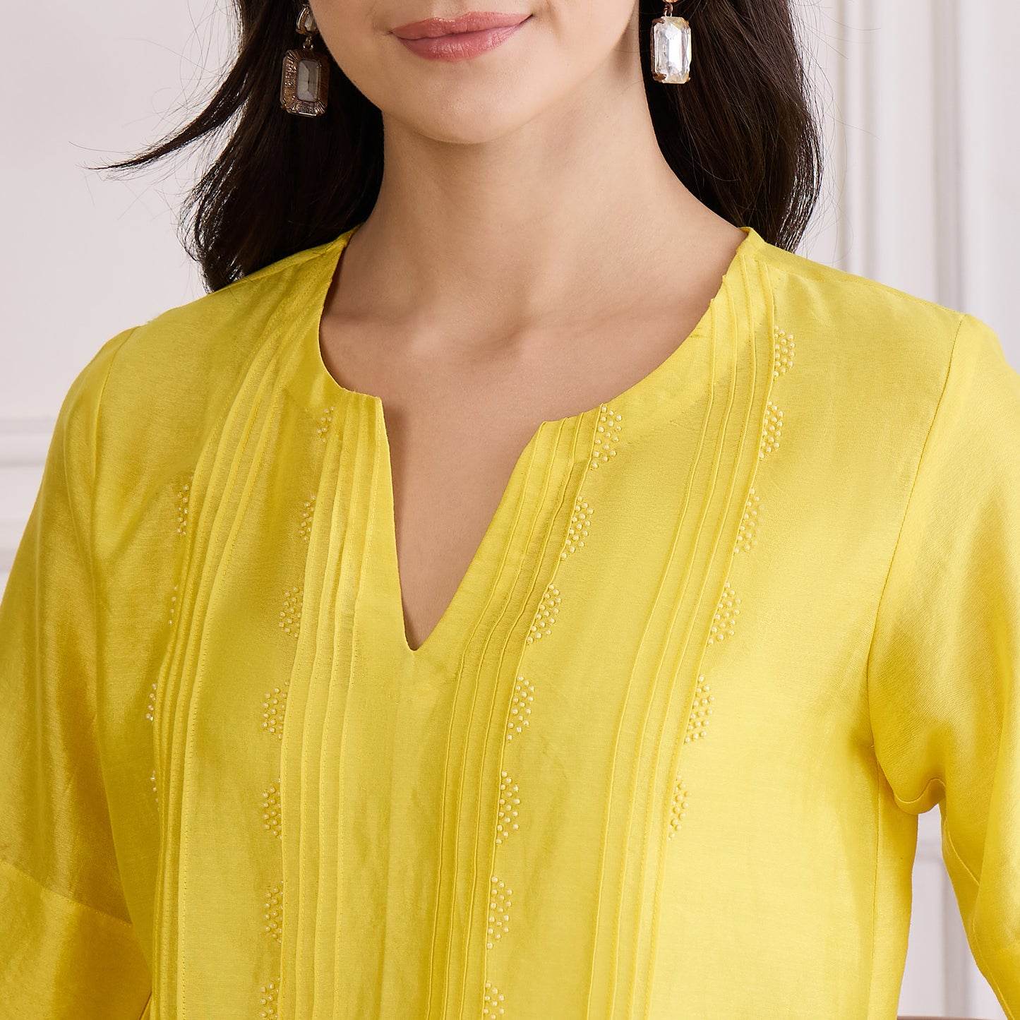 Yellow Pin Tucked Beaded Pintuck Top
