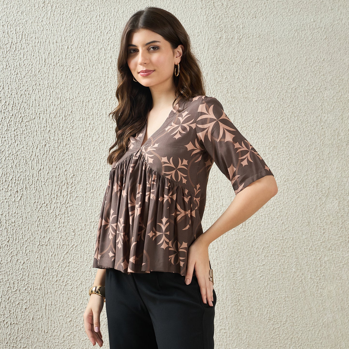 Brown Star Print Peplum Top