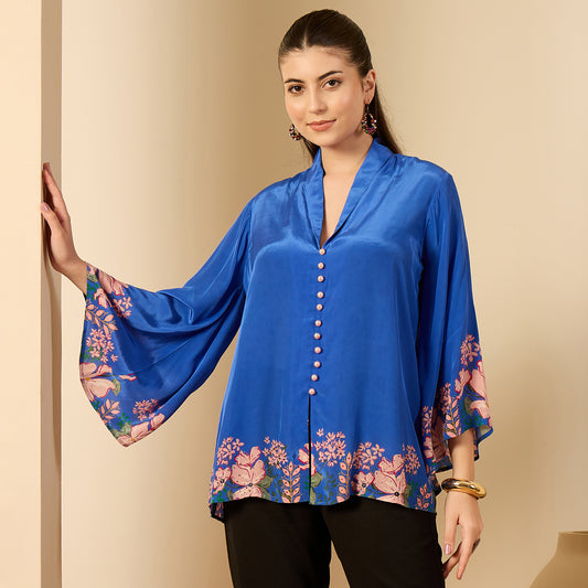 Cobalt Blue Floral Flared Embellished Top