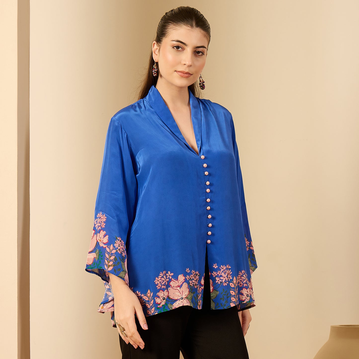 Cobalt Blue Floral Flared Embellished Top