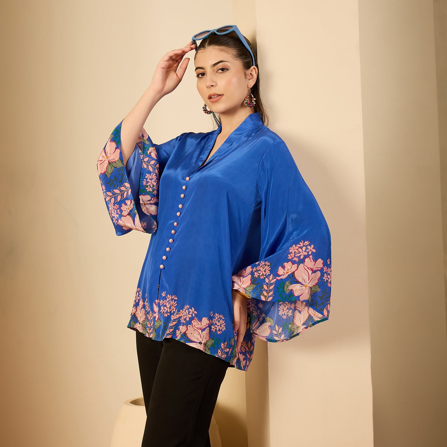 Cobalt Blue Floral Print Top for Women – Embellished – Close Up | First Resort by Ramola Bachchan