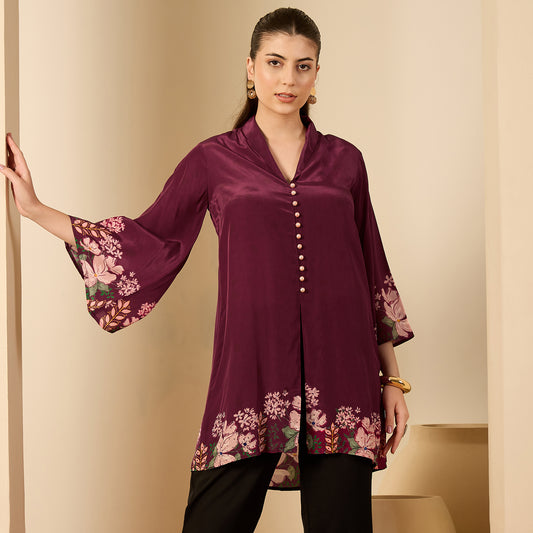 Magenta Floral Flared Embellished Top
