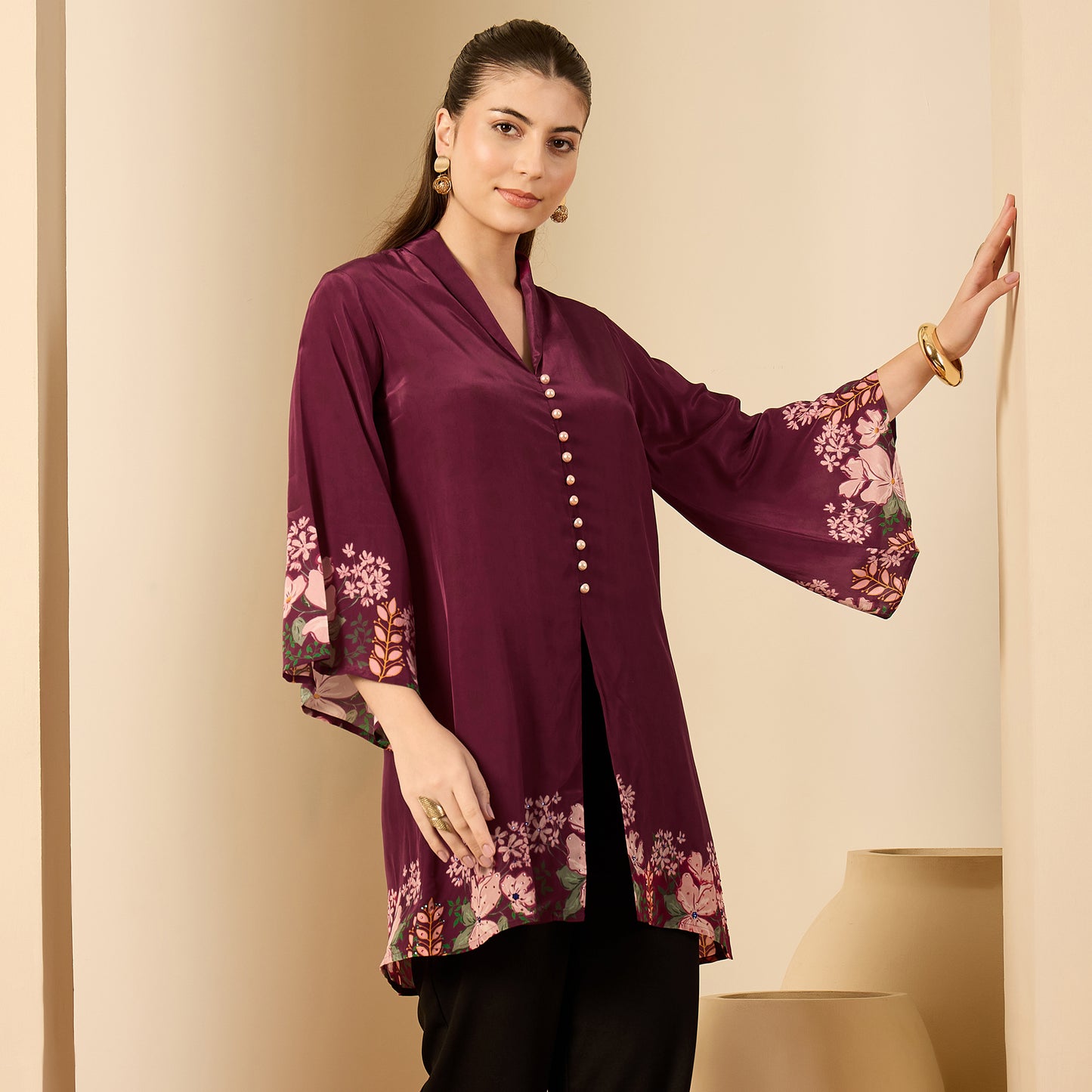 Magenta Floral Flared Embellished Top