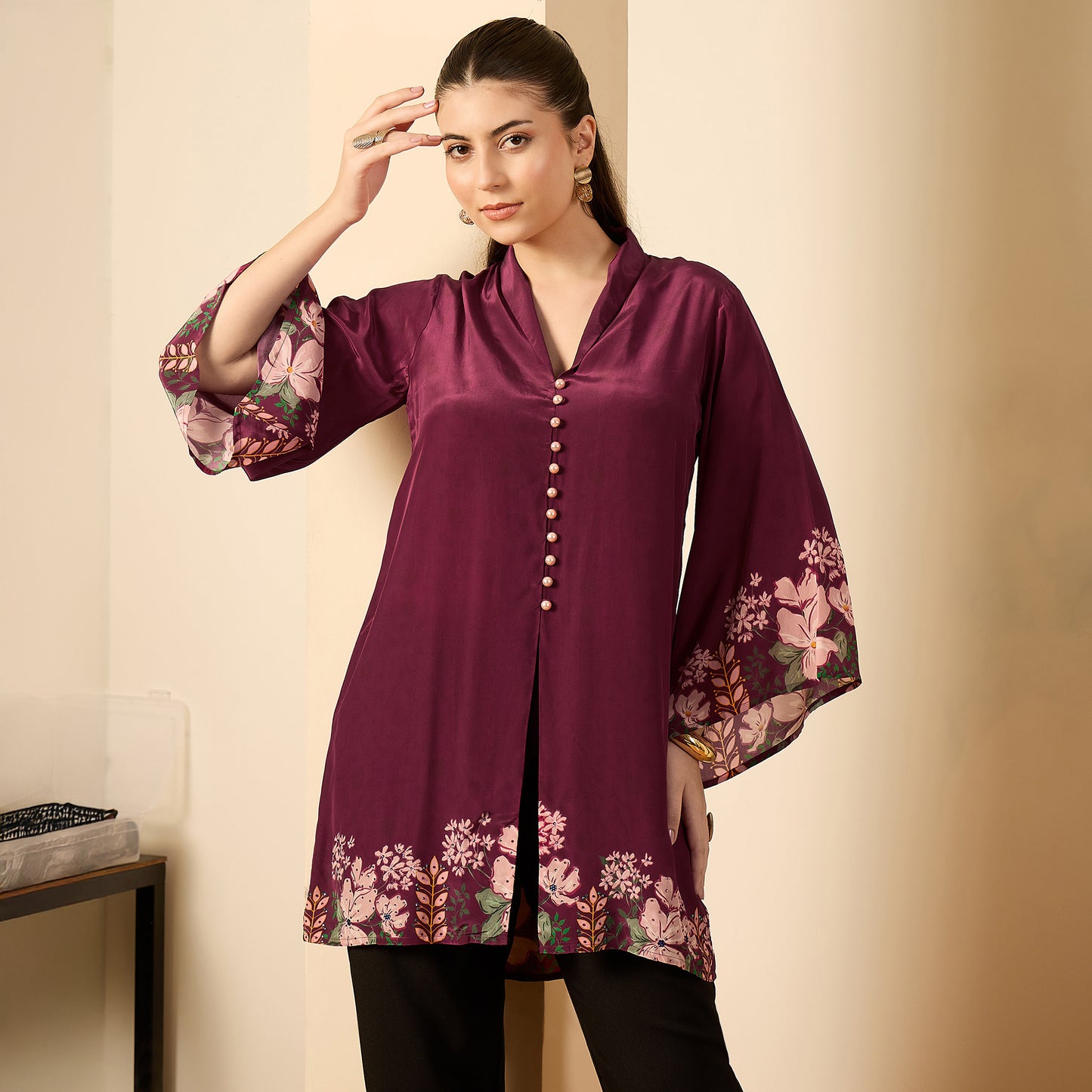 Magenta Floral Flared Embellished Top