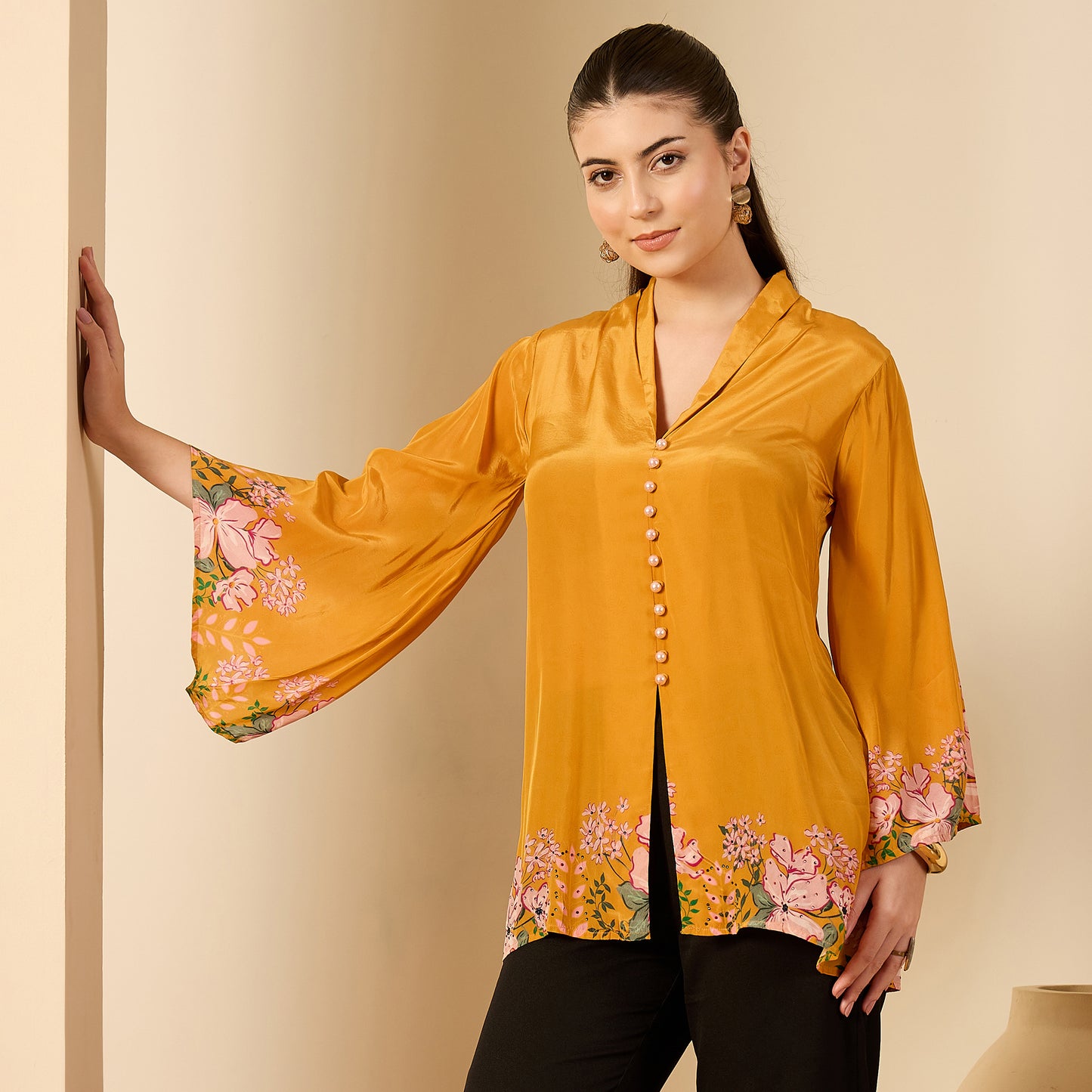 Mustard Yellow Floral Flared Embellished Top