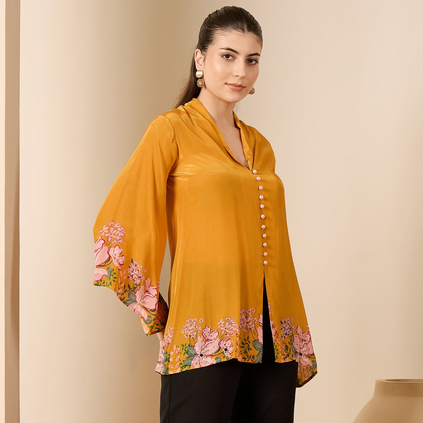Mustard Yellow Floral Flared Embellished Top