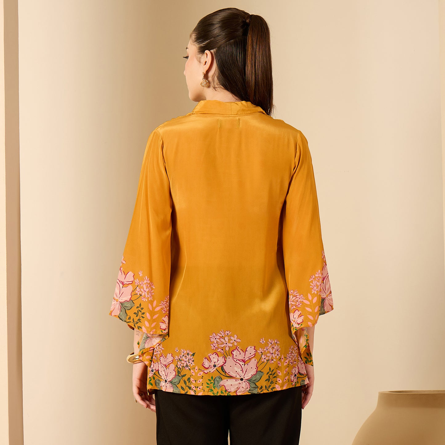 Mustard Yellow Floral Flared Embellished Top