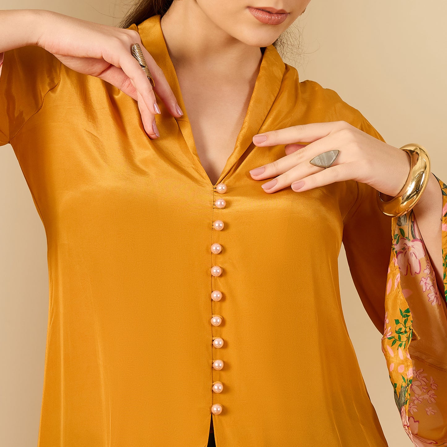 Mustard Yellow Floral Flared Embellished Top