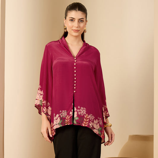 Pink Floral Flared Embellished Top