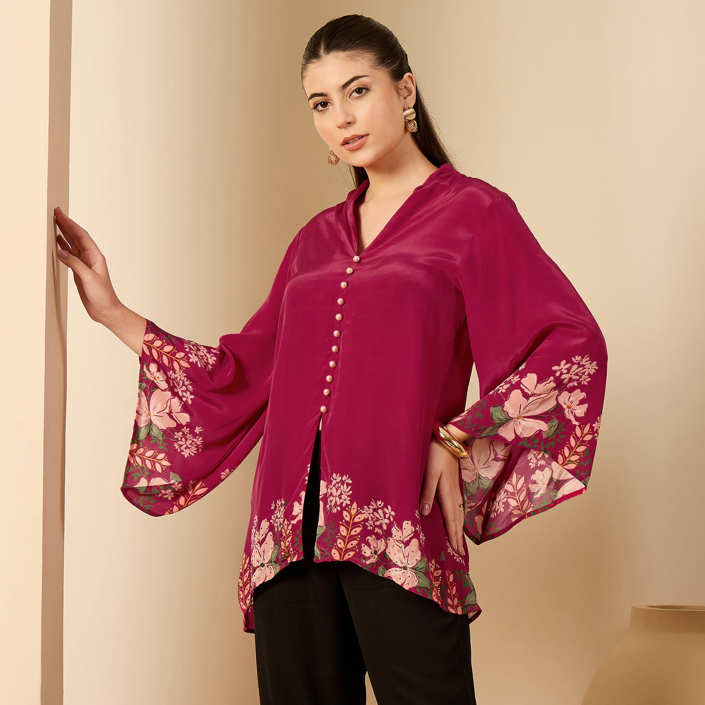 Pink Floral Flared Embellished Top