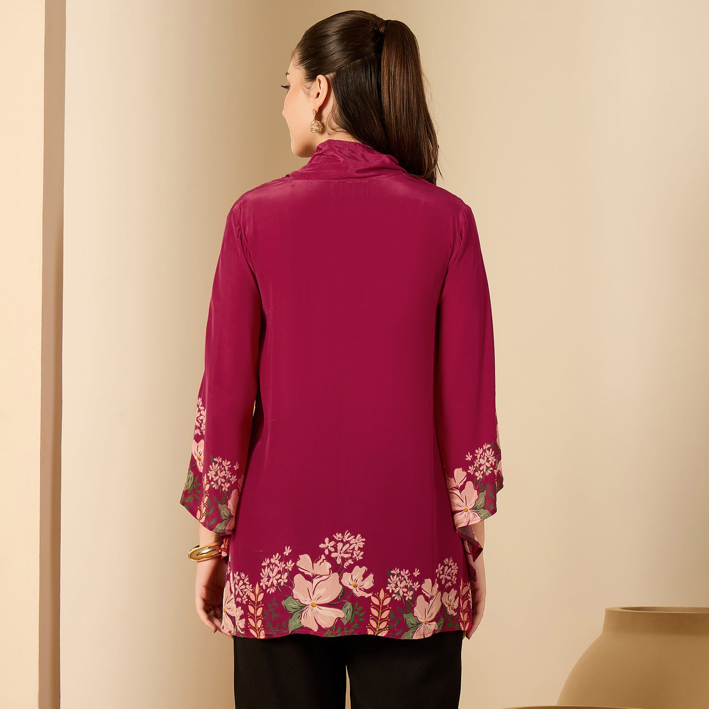 Pink Floral Flared Embellished Top