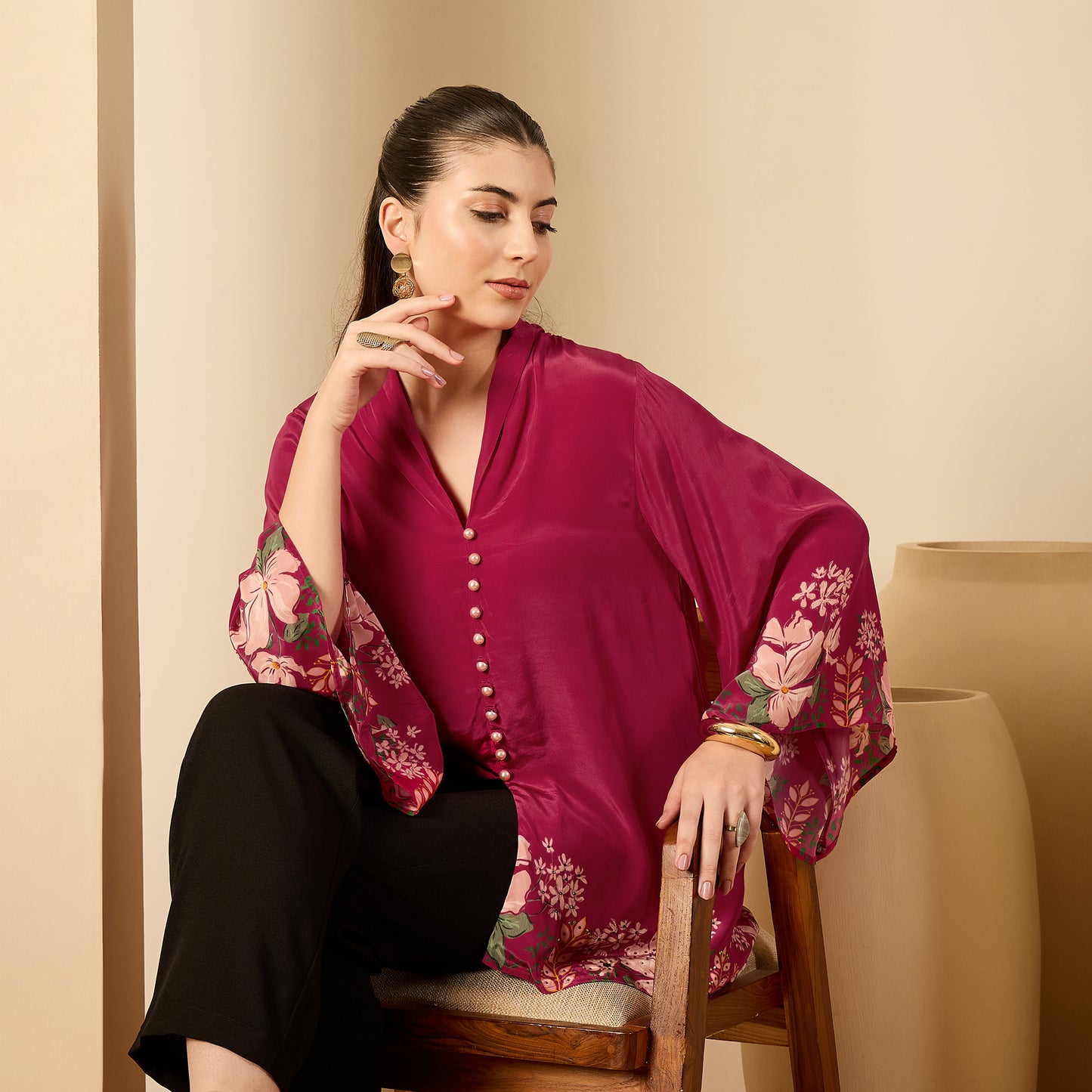Pink Floral Flared Embellished Top