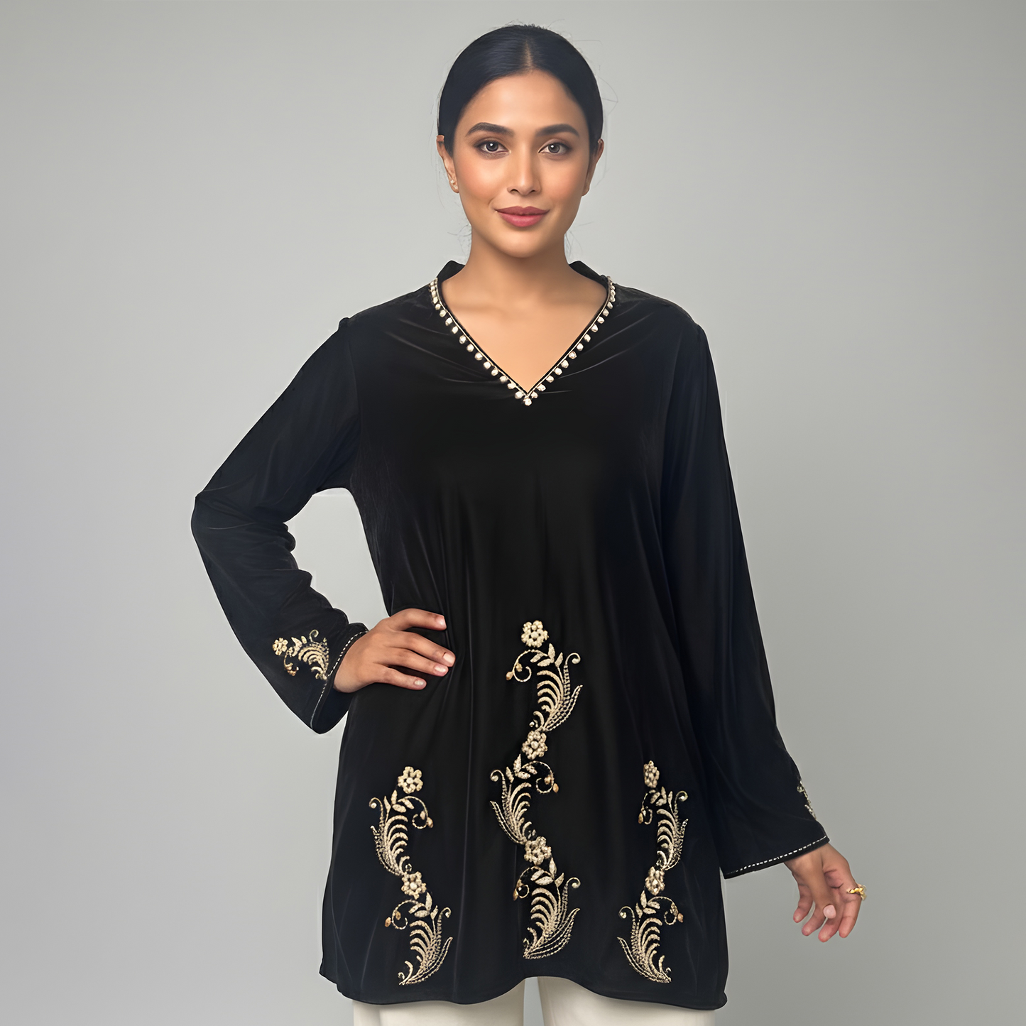 Black Absract Floral Hand Embroidered Velvet Top