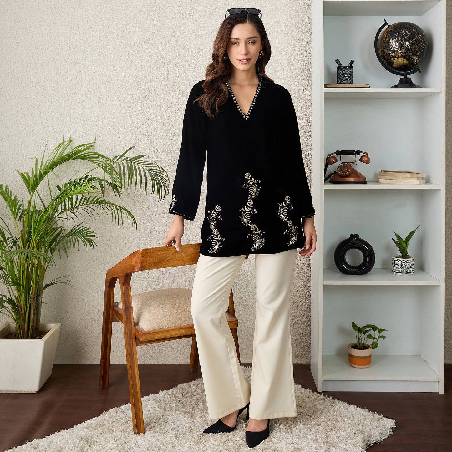 Black Absract Floral Hand Embroidered Velvet Top