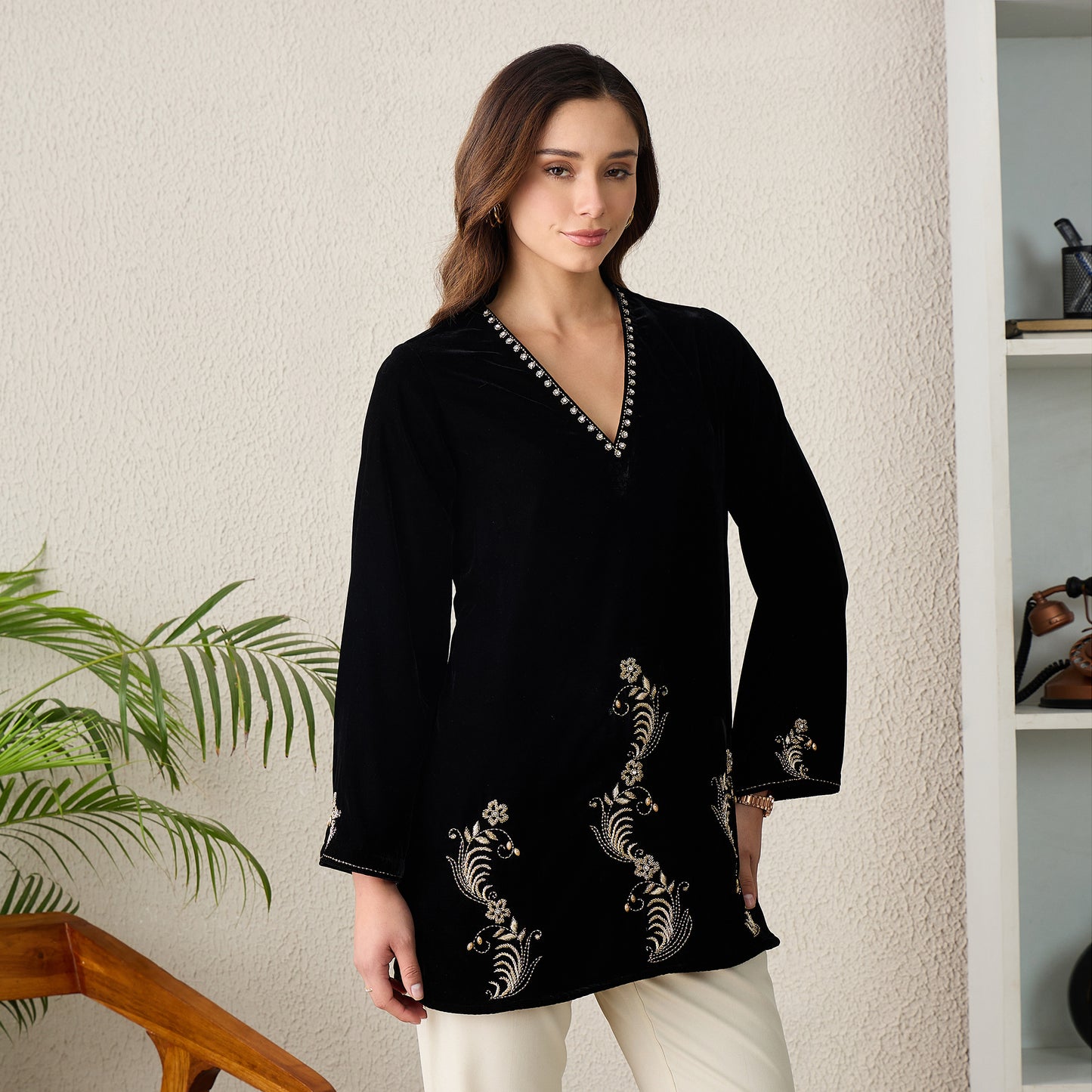 Black Absract Floral Hand Embroidered Velvet Top