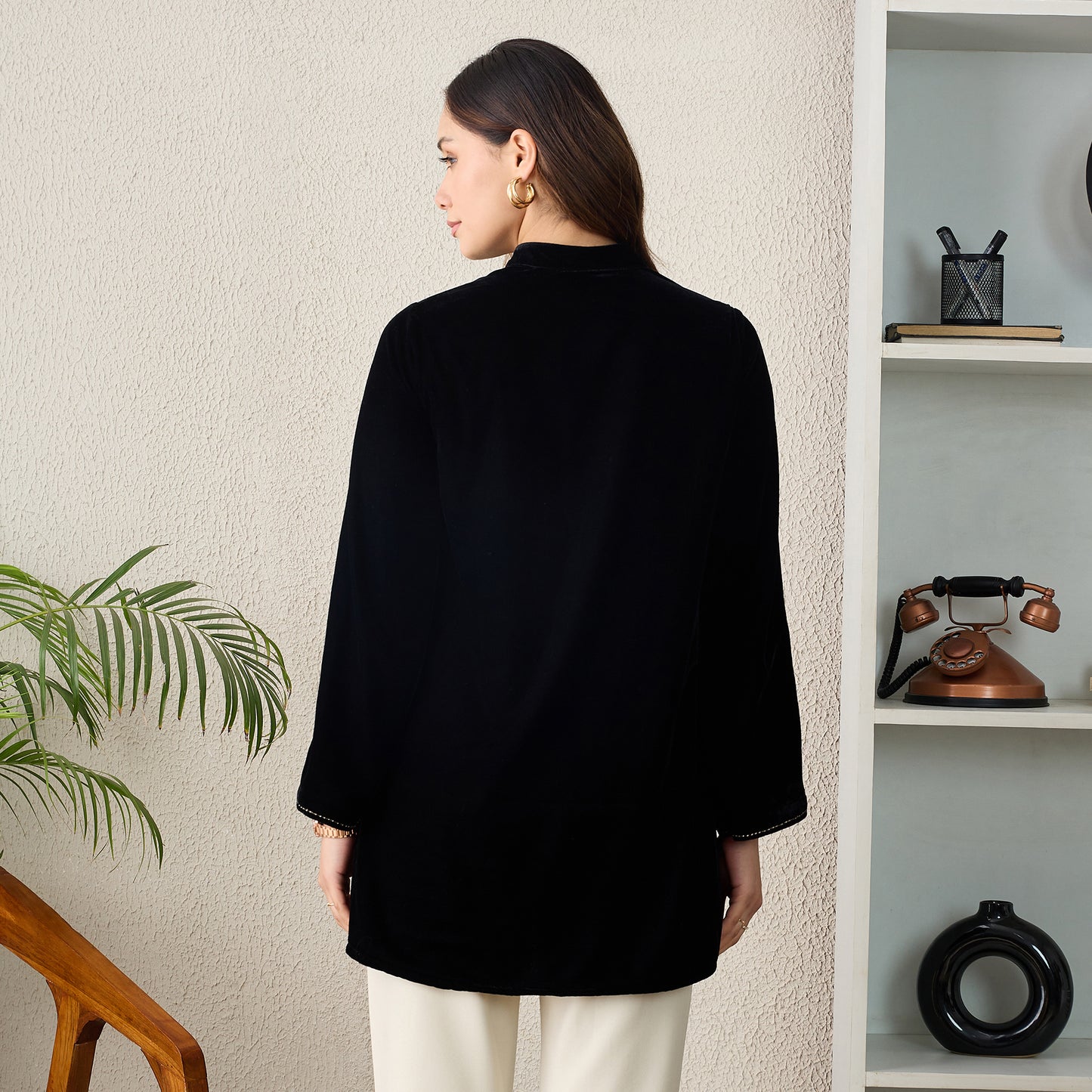 Black Absract Floral Hand Embroidered Velvet Top