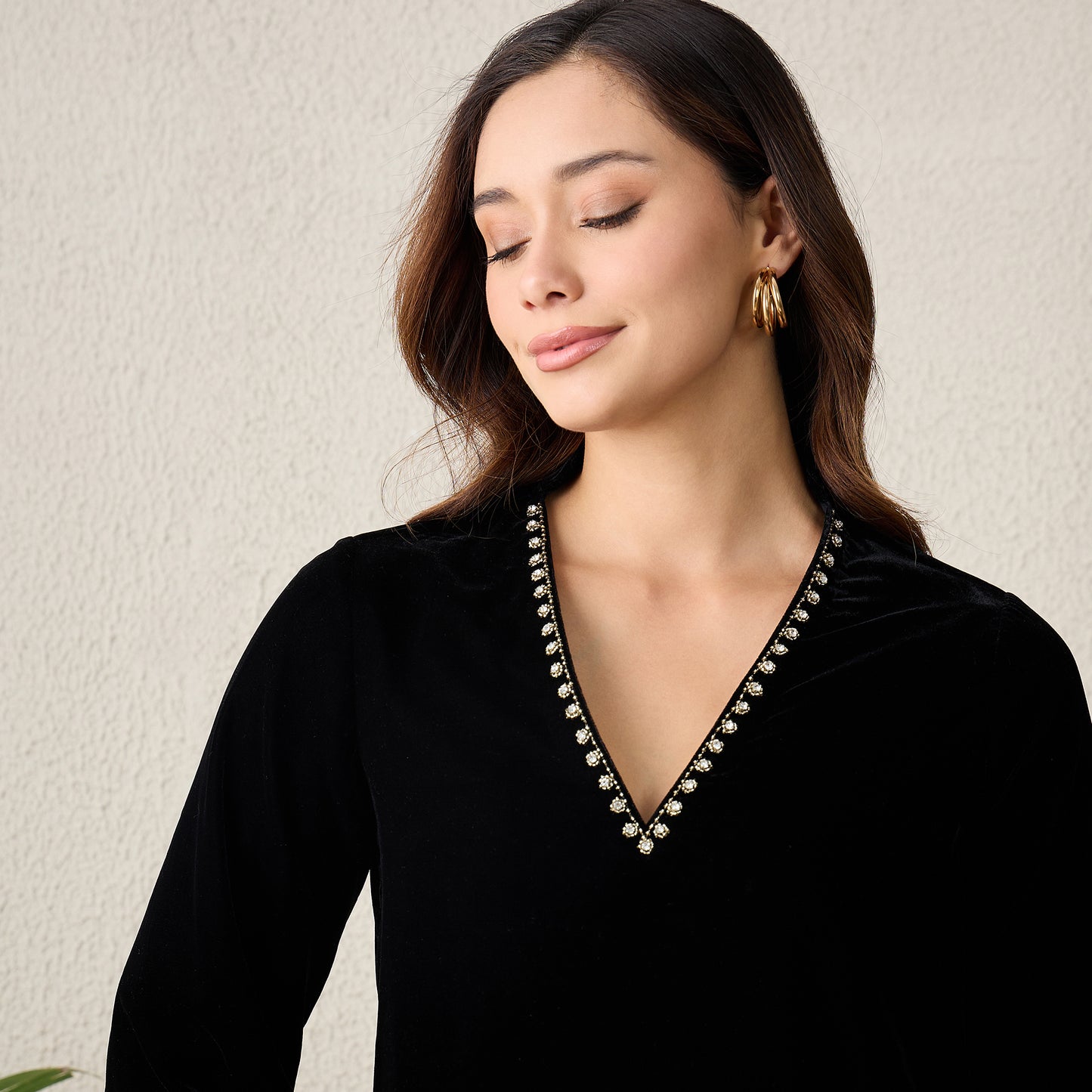 Black Absract Floral Hand Embroidered Velvet Top