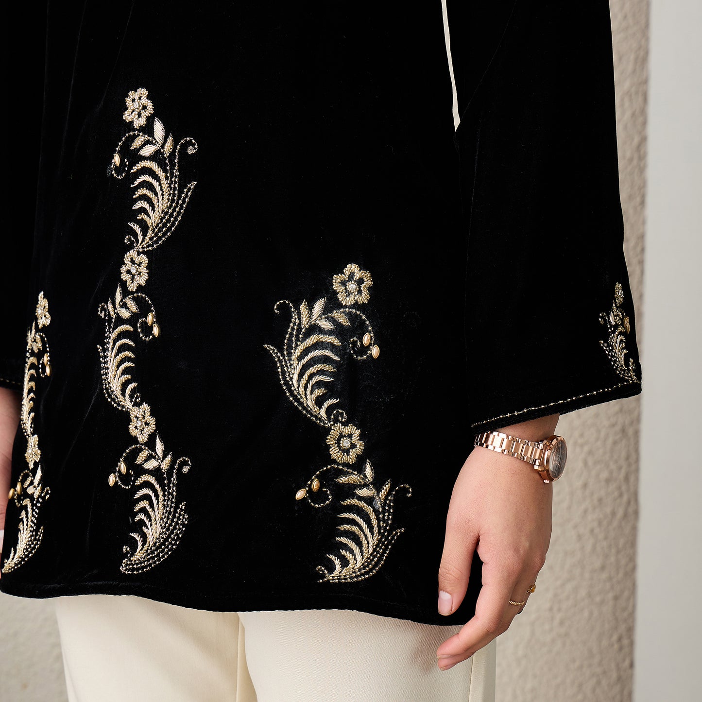 Black Absract Floral Hand Embroidered Velvet Top