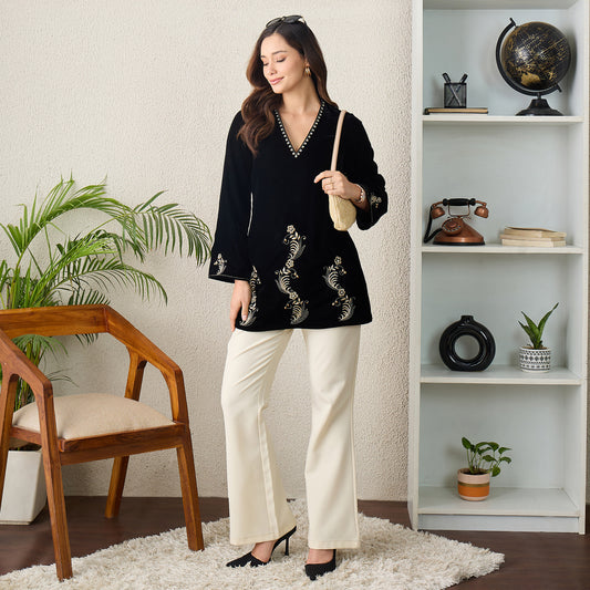Black Absract Floral Hand Embroidered Velvet Top