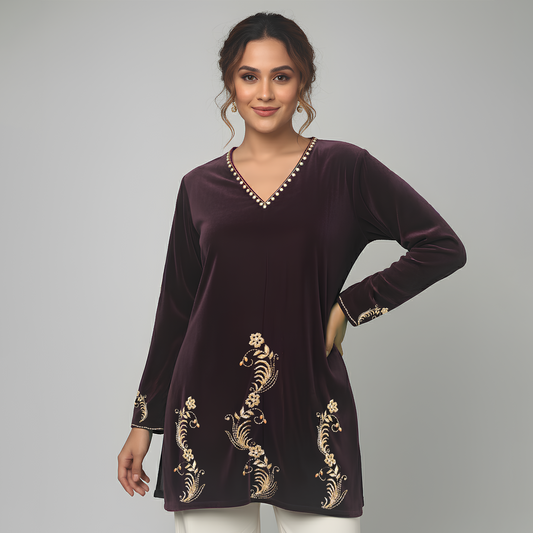 Plum Grey Absract Floral Hand Embroidered Velvet Top