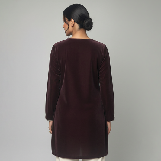 Plum Grey Absract Floral Hand Embroidered Velvet Top